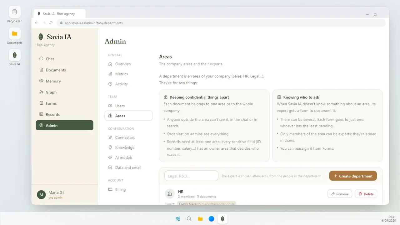 The Savia IA app with a demo company: the departments screen