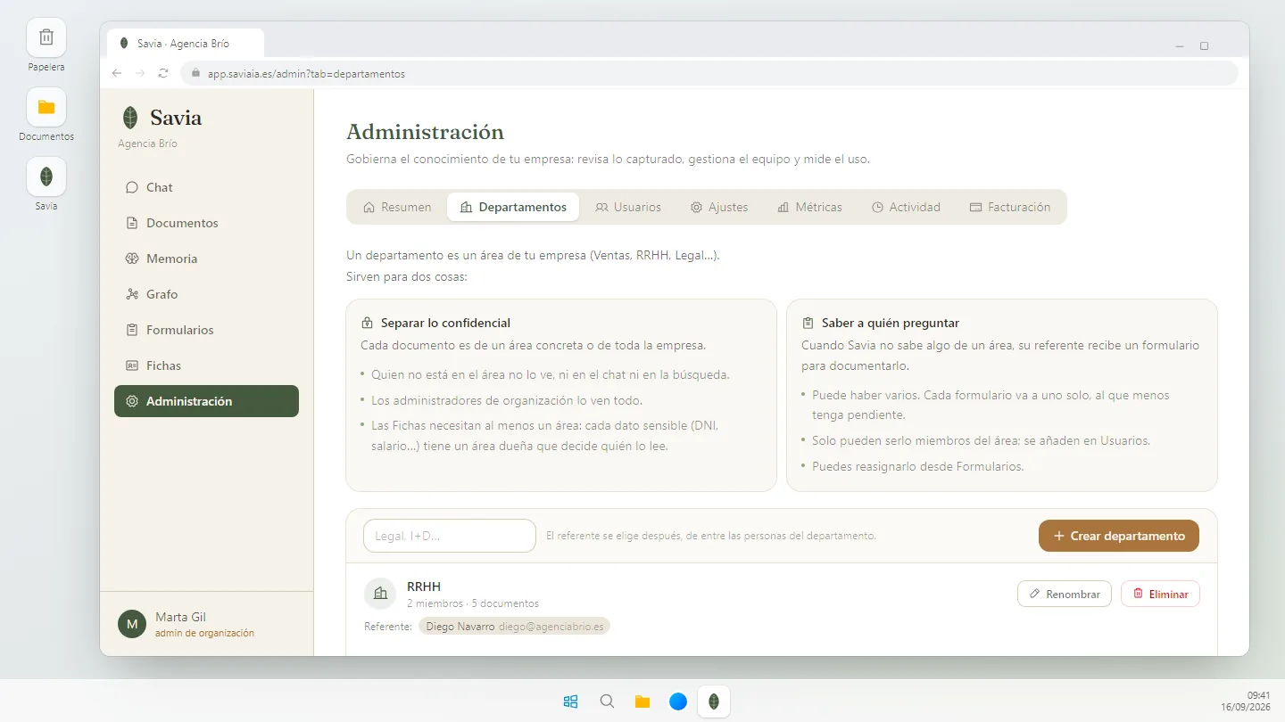 La app de Savia con una empresa de demostración: la pantalla de departamentos